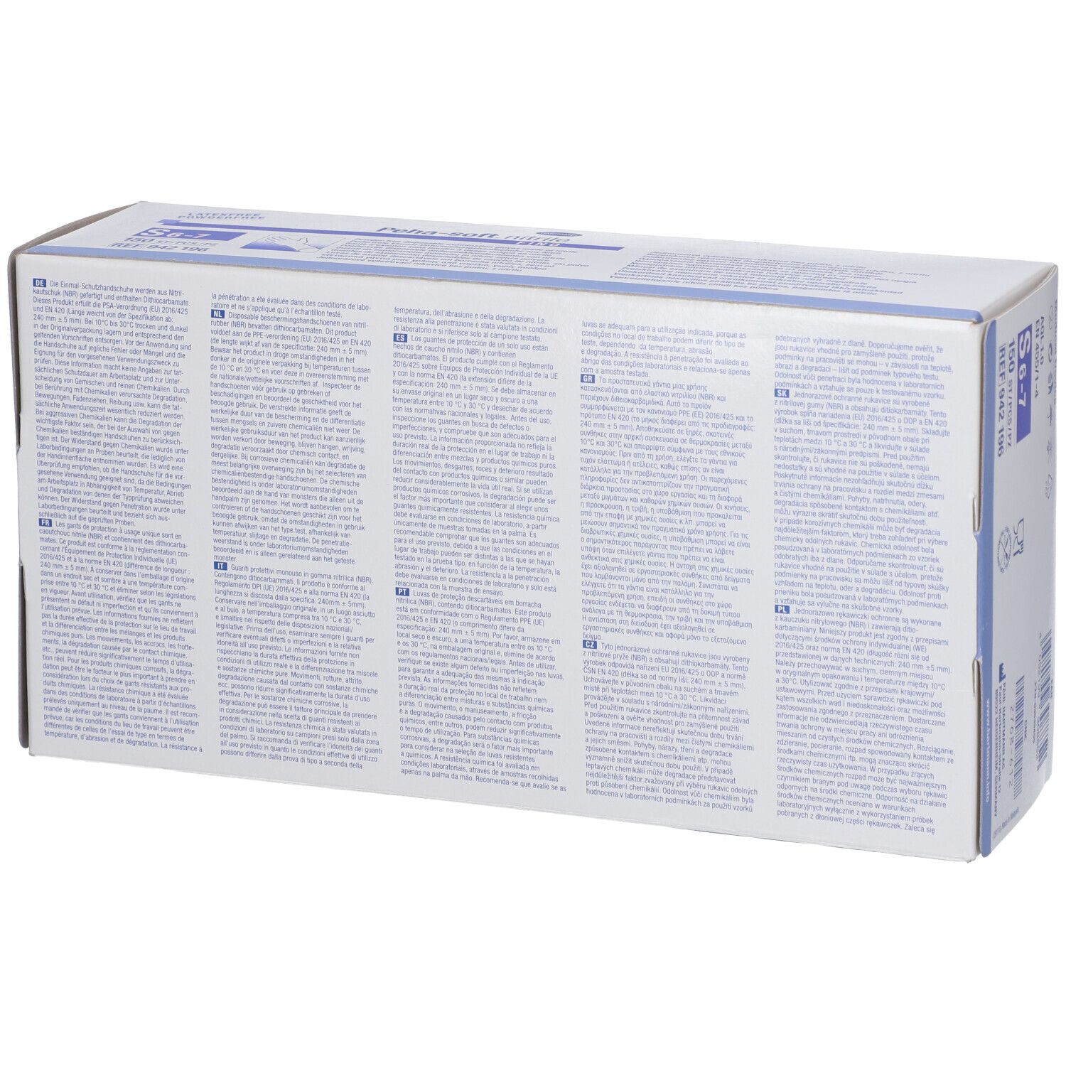 Dos d'une boîte avec du texte. Contient des informations sur les gants Peha-soft nitrile fino.