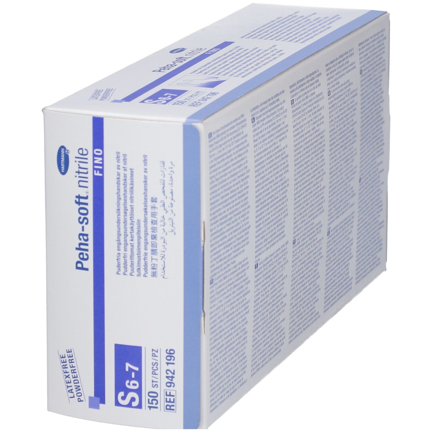 Vue en biais d'une boîte de gants Peha-soft nitrile fino. Taille S 6-7, 150 pièces. Sans latex et sans poudre.