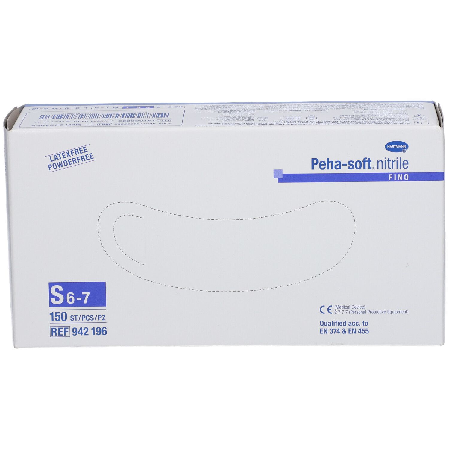 Boîte de gants Peha-soft nitrile fino. Taille S 6-7, 150 pièces. Sans latex et sans poudre. Dispositif médical.