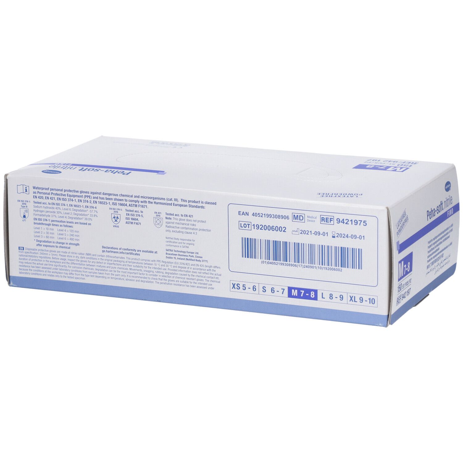 Dos de l'emballage des gants Peha-soft nitrile fino. Tailles M 7-8, XS-XL. Dispositif médical.