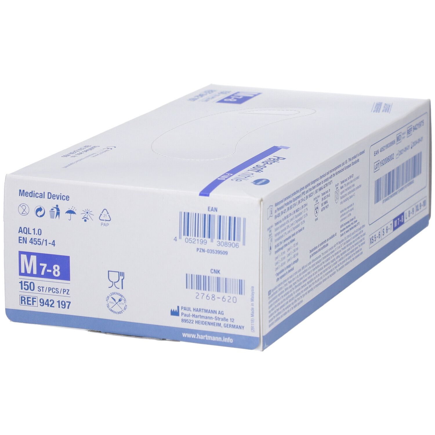 Emballage de gants Peha-soft nitrile fino. Taille M 7-8. Dispositif médical. Code EAN et autres informations.