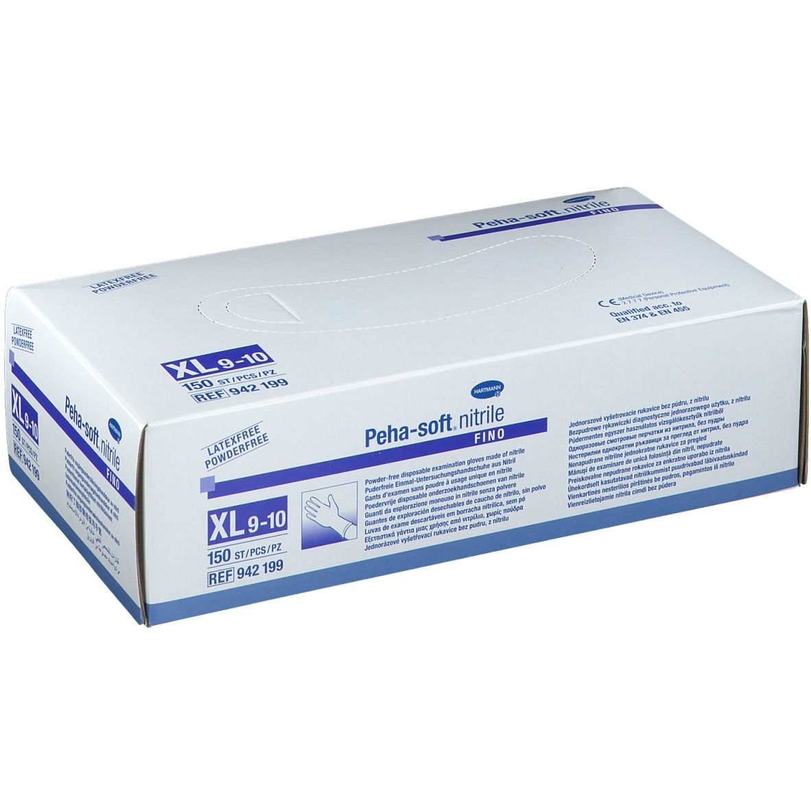 Boîte blanche avec texte bleu. Inscription: Peha-soft nitrile fino, XL 9-10, 150 pièces. Sans latex et sans poudre.
