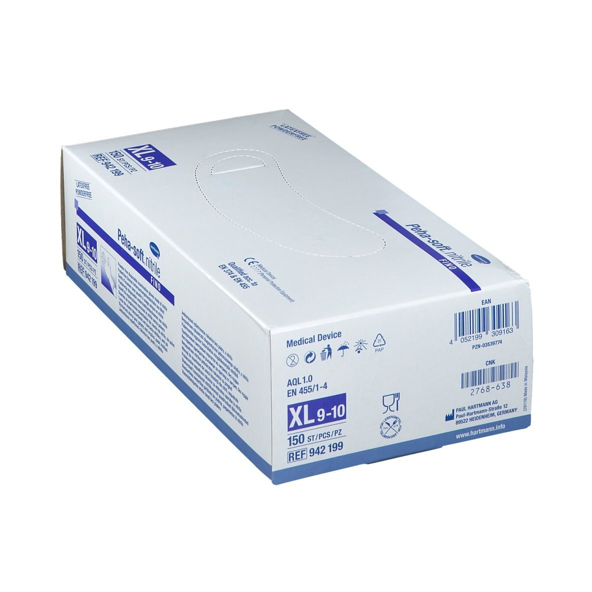Boîte blanche avec texte bleu. Inscription: Peha-soft nitrile fino, XL 9-10, 150 pièces. Sans latex et sans poudre.