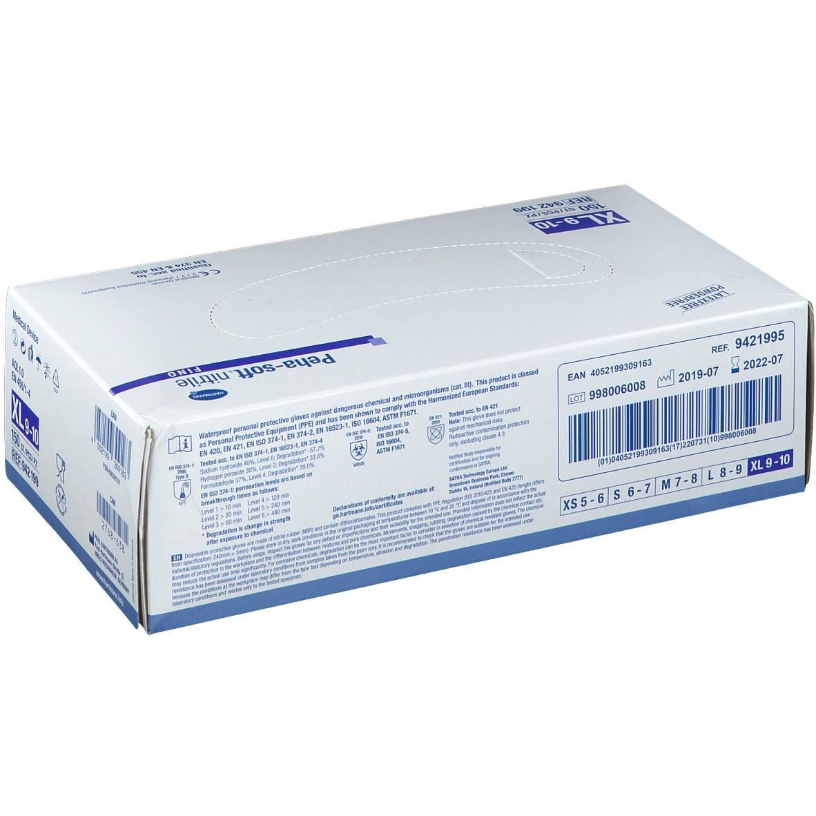 Boîte blanche avec texte bleu. Inscription: Peha-soft nitrile fino, XL 9-10, 150 pièces. Sans latex et sans poudre.