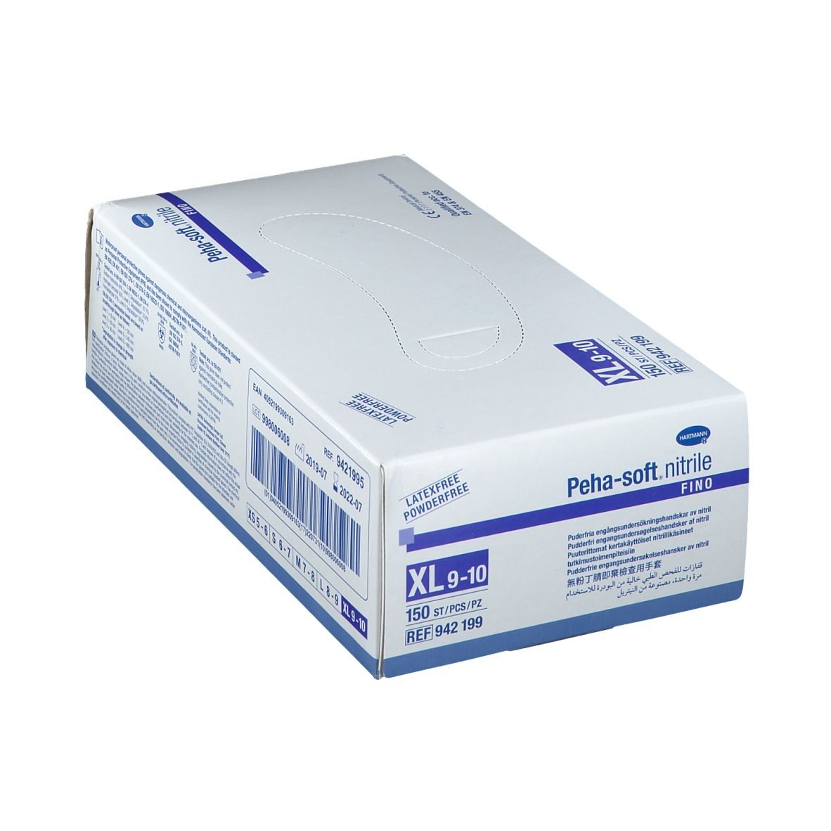 Boîte blanche avec texte bleu. Inscription: Peha-soft nitrile fino, XL 9-10, 150 pièces. Sans latex et sans poudre.