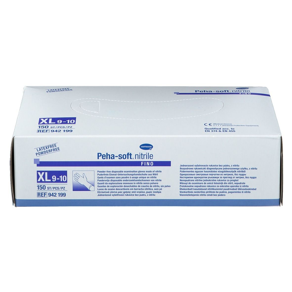 Boîte blanche avec texte bleu. Inscription: Peha-soft nitrile fino, XL 9-10, 150 pièces. Sans latex et sans poudre.