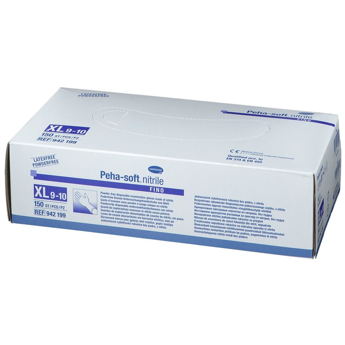 Boîte blanche avec texte bleu. Inscription: Peha-soft nitrile fino, XL 9-10, 150 pièces. Sans latex et sans poudre.