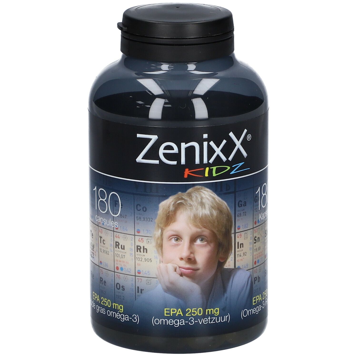 Flacon gris foncé avec bouchon noir. Inscription ZenixX Kidz, image d'un garçon. 180 capsules, EPA 250 mg.