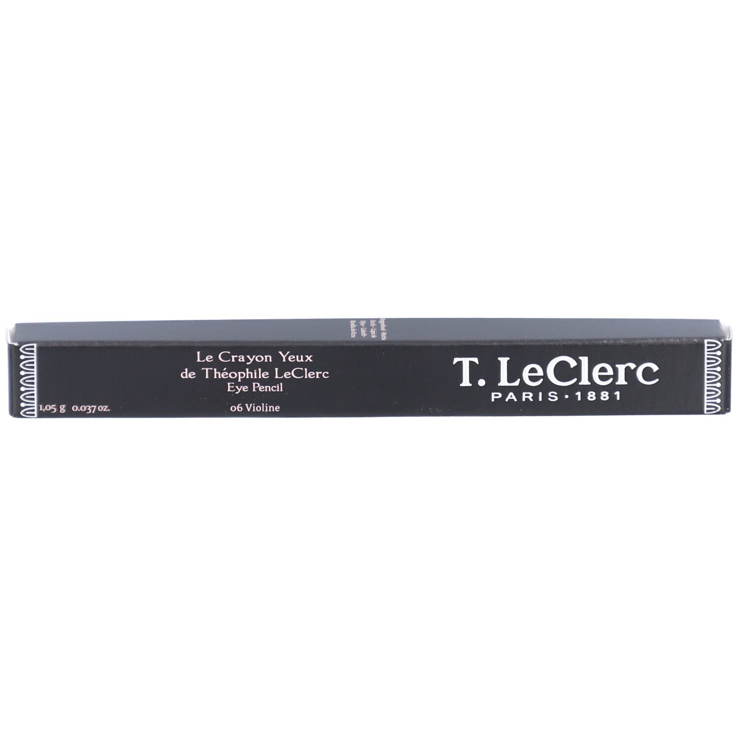 Boîte noire avec texte. "Le Crayon Yeux de Théophile LeClerc Eye Pencil" et "T. LeClerc PARIS 1881" sont visibles.