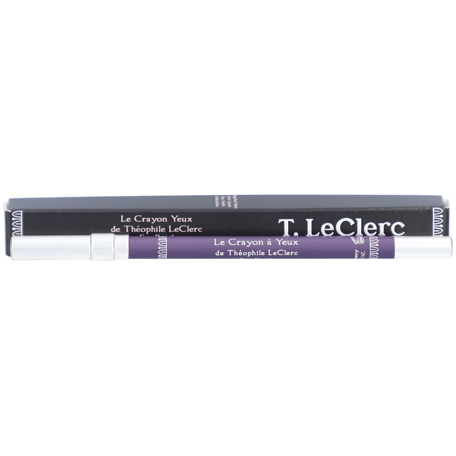 Crayon pour les yeux violet et boîte noire. Texte: "Le Crayon à Yeux de Théophile LeClerc" et "T. LeClerc PARIS 1881".