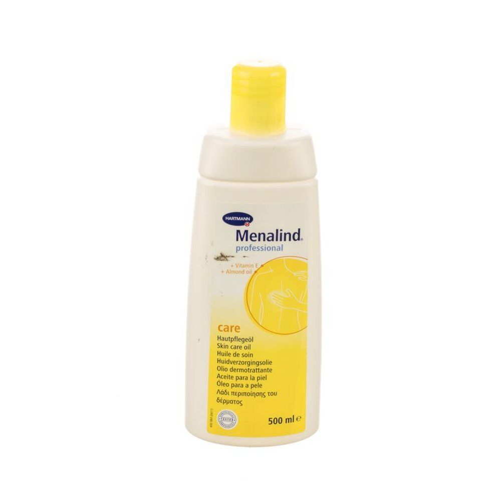 Flacon blanc et jaune avec bouchon jaune. Inscription Menalind professional care. Désignations multilingues du produit. 500 ml.