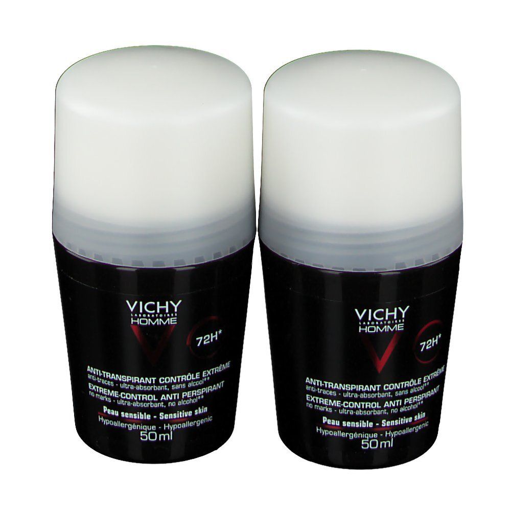 Deux roll-on avec couvercles blancs et flacons noirs. Inscription: VICHY HOMME, 72H, Anti-transpirant.