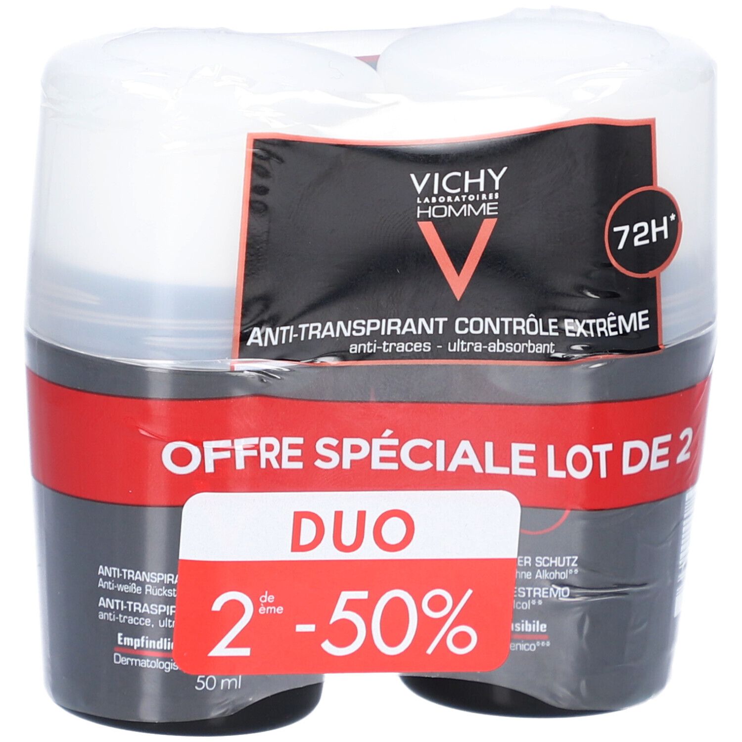 Lot de deux déodorants roll-on. Emballage noir et blanc. Texte: Duo, 2ème produit à -50%. Logo Vichy Homme.