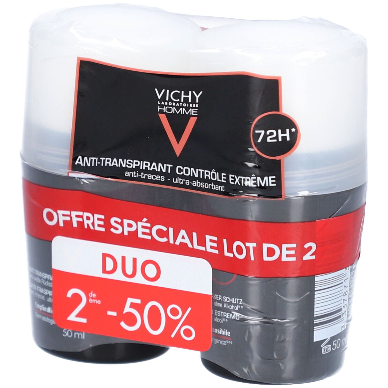 Lot de deux déodorants roll-on. Emballage noir et blanc. Texte: Duo, 2ème produit à -50%. Logo Vichy Homme.
