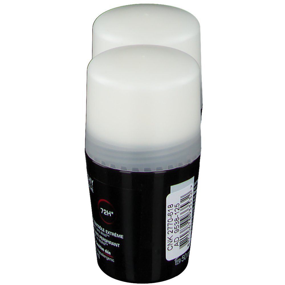 Roll-on avec couvercle blanc et flacon noir. Inscription: VICHY HOMME, 72H, Anti-transpirant. Étiquette avec informations.