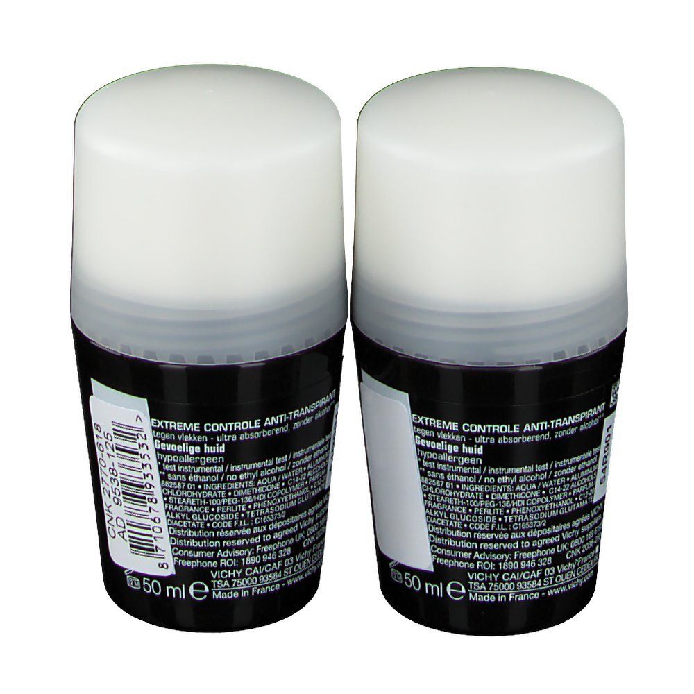 Deux roll-on avec couvercles blancs et flacons noirs. Inscription: VICHY HOMME, 72H, Anti-transpirant. Dos avec texte.