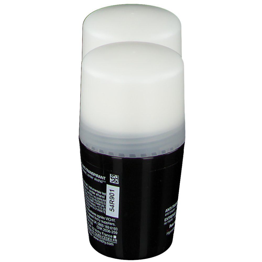 Roll-on avec couvercle blanc et flacon noir. Inscription: VICHY HOMME, 72H, Anti-transpirant. Dos avec texte.