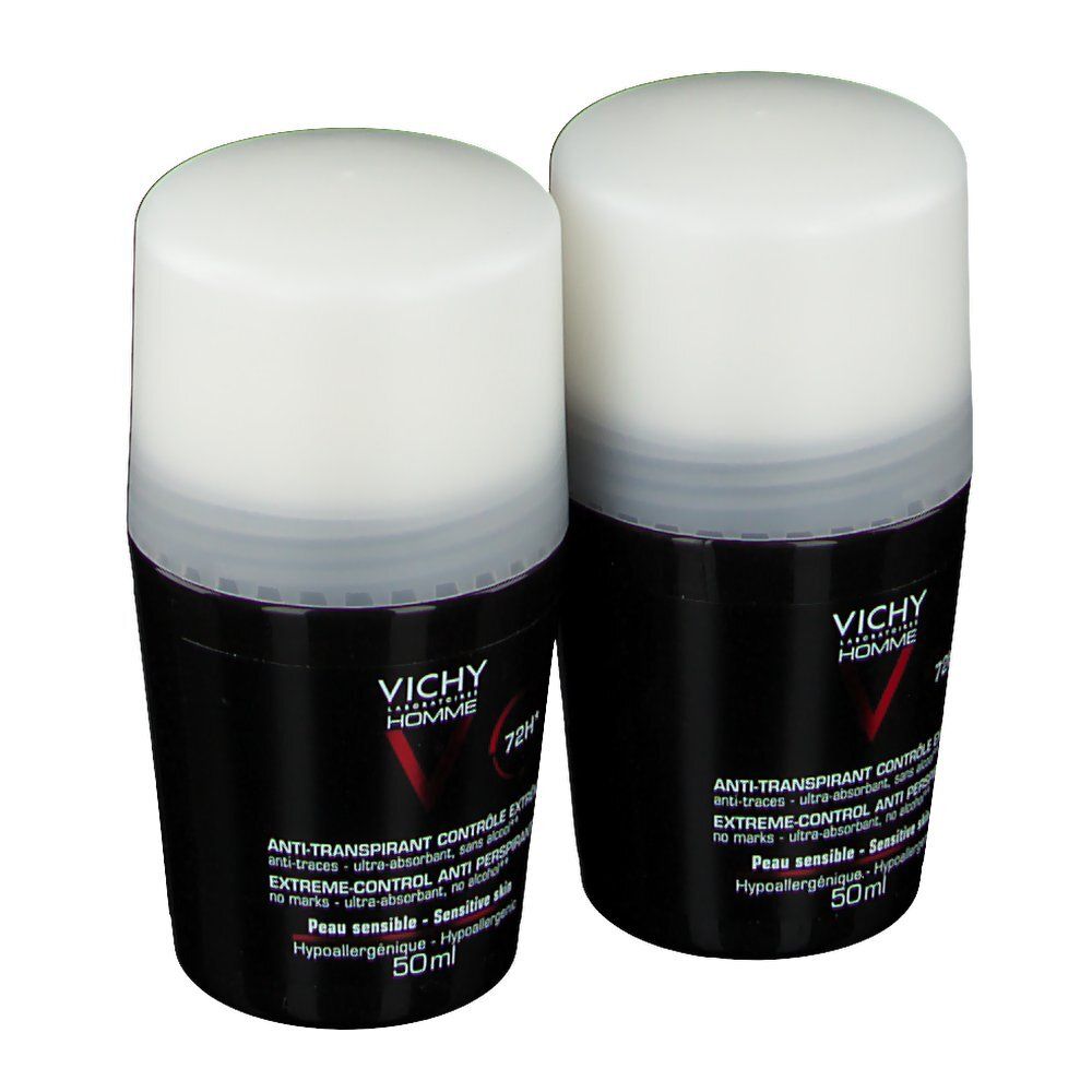 Deux roll-on avec couvercles blancs et flacons noirs. Inscription: VICHY HOMME, 72H, Anti-transpirant.