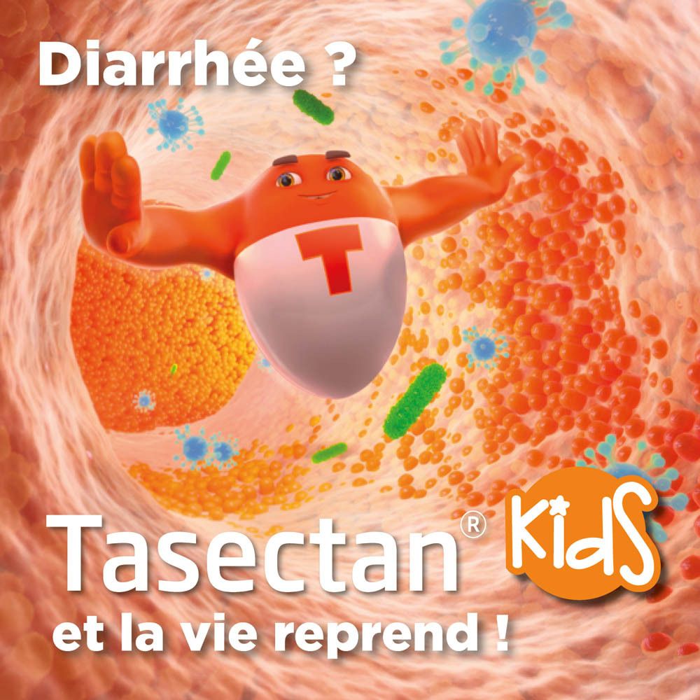 Boîte de Tasectan Kids. Texte : Contrôle et réduction des symptômes de la diarrhée. 20 sachets. 0-14 ans.