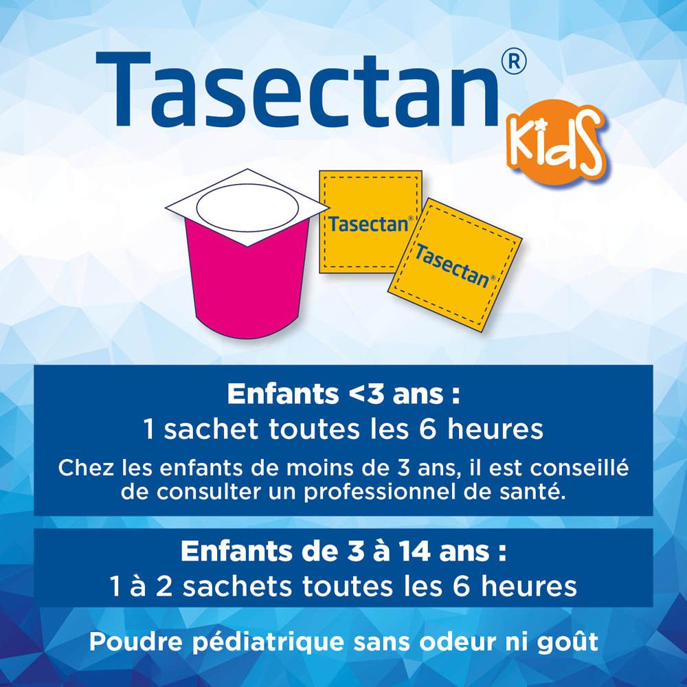 Boîte de Tasectan Kids. Texte : Contrôle et réduction des symptômes de la diarrhée. 20 sachets. 0-14 ans.