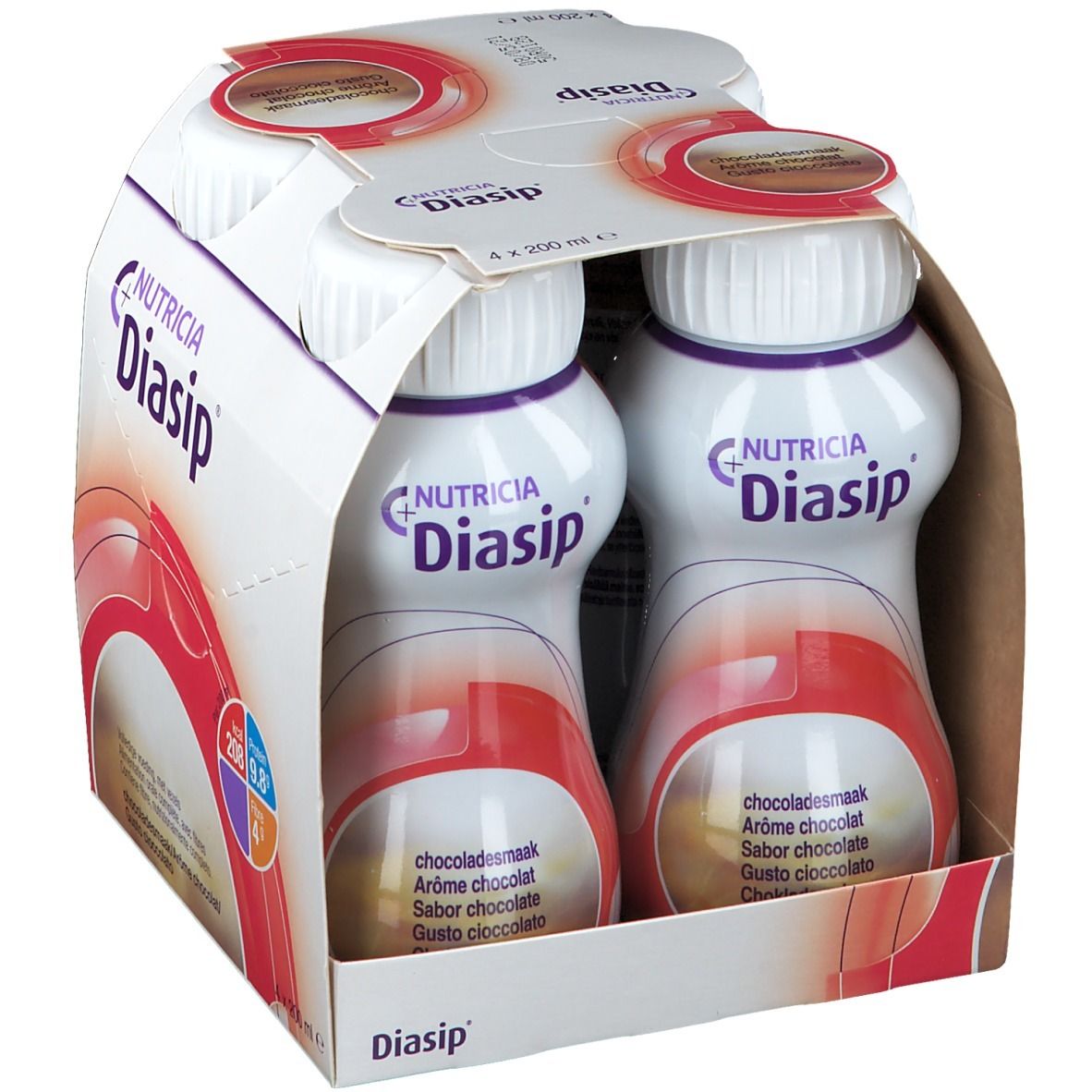 Emballage de quatre bouteilles de Diasip Chocolat. Chaque bouteille a un bouchon blanc et une étiquette rouge. "Nutricia Diasip" est écrit sur l'emballage.