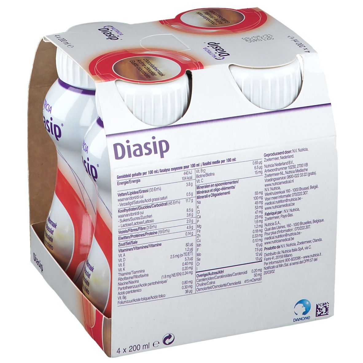Dos de l'emballage de Diasip Chocolat avec informations nutritionnelles et coordonnées. L'emballage contient quatre bouteilles.