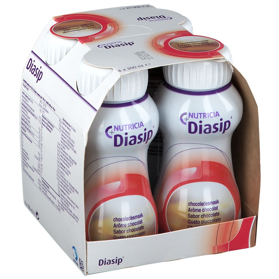 Emballage de quatre bouteilles de Diasip Chocolat. Chaque bouteille a un bouchon blanc et une étiquette rouge. "Nutricia Diasip" est écrit sur l'emballage.