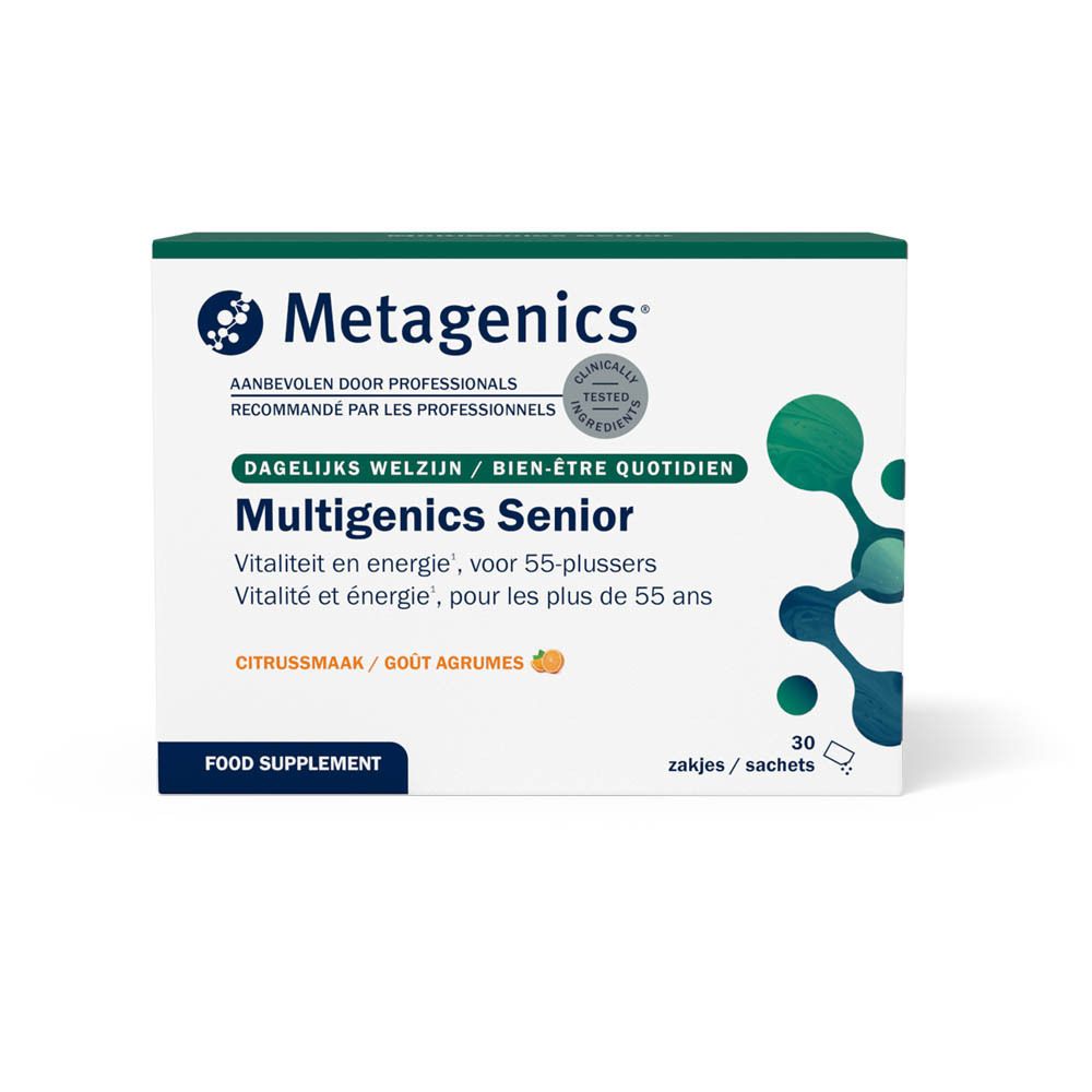 Boîte Multigenics Senior. Contient multivitamines et minéraux pour seniors. 30 sachets. Logo Metagenics.