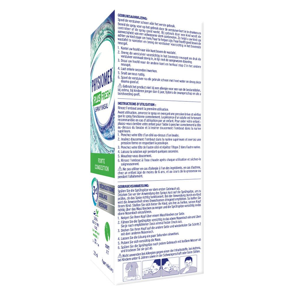 Emballage du produit. Inscription PHYSIOMER PLUS FRESH, spray nasal. Forte congestion. Texte au dos.