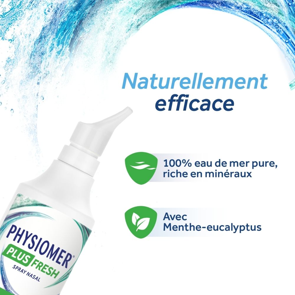 Bouteille et emballage du spray nasal à l'eucalyptus avec motif de vagues.