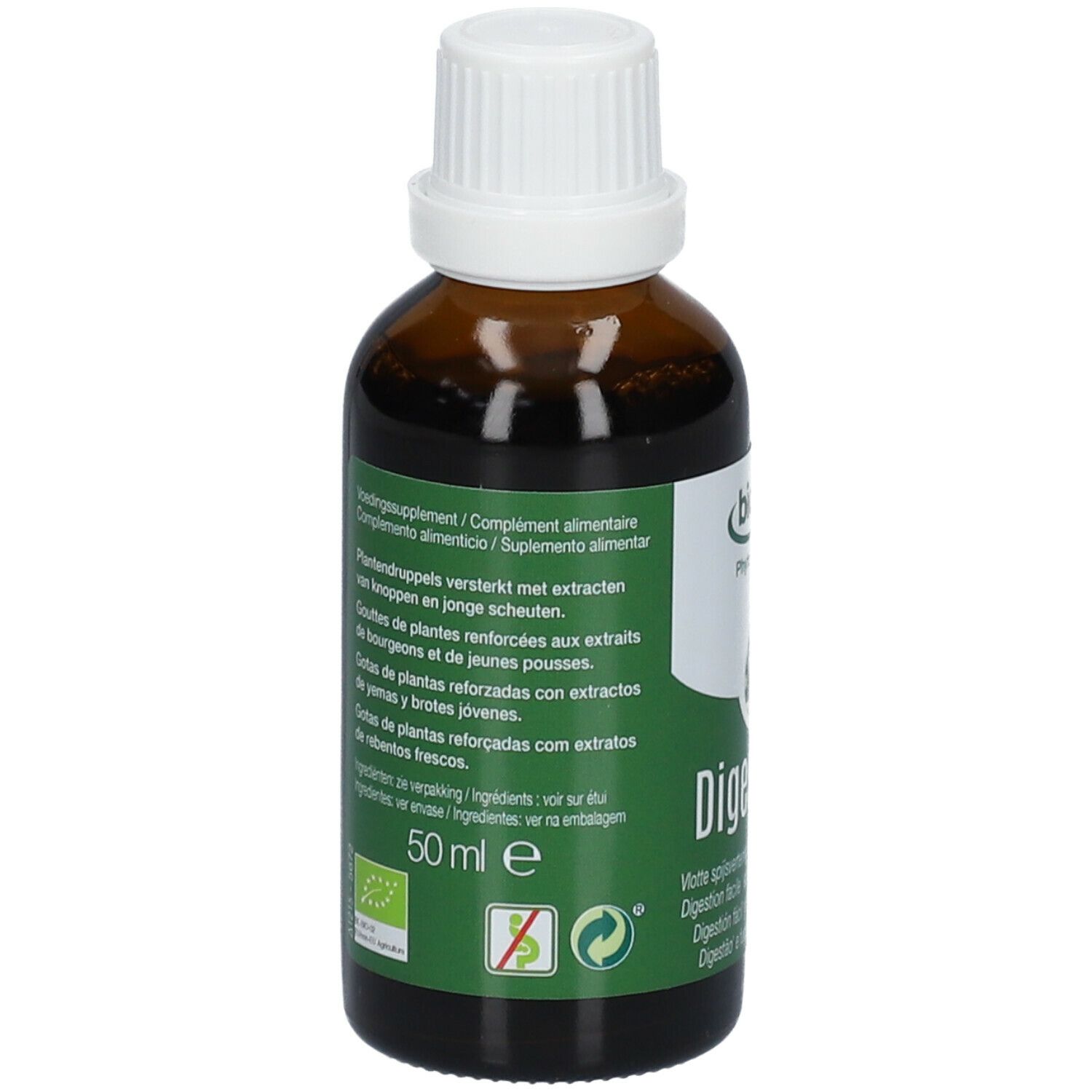 Dos du flacon en verre brun. Étiquette verte avec texte multilingue. 50 ml. Certification bio.