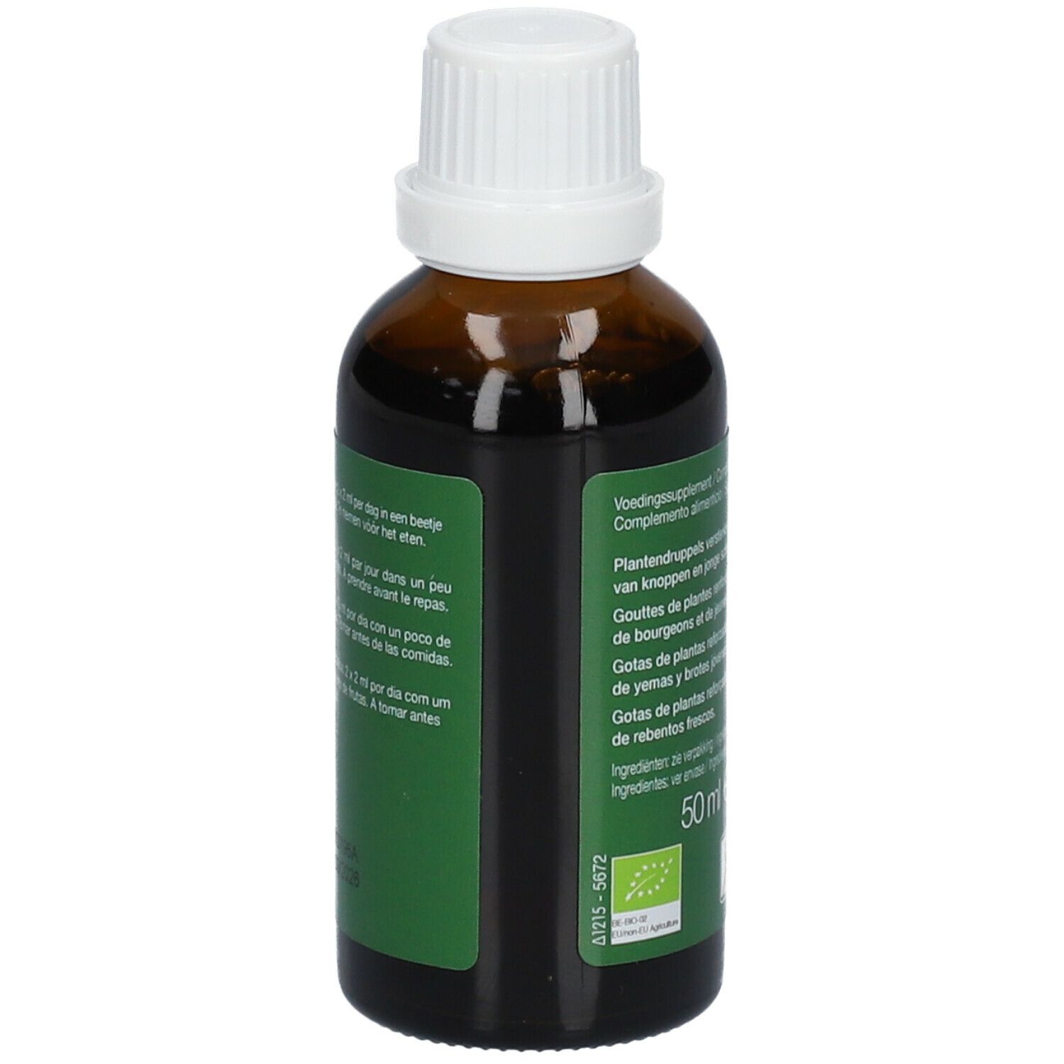 Dos du flacon en verre brun. Étiquette verte avec texte multilingue. 50 ml.