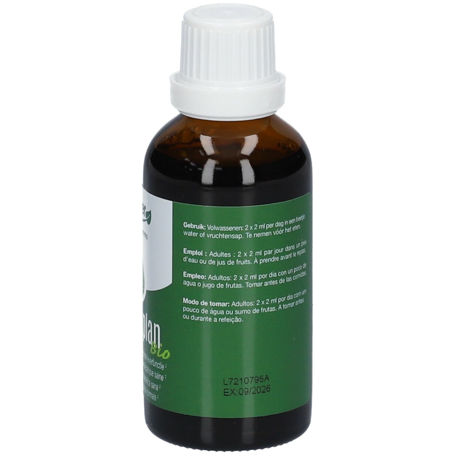 Dos du flacon en verre brun. Étiquette verte avec texte multilingue. Instructions de dosage. Date de péremption.