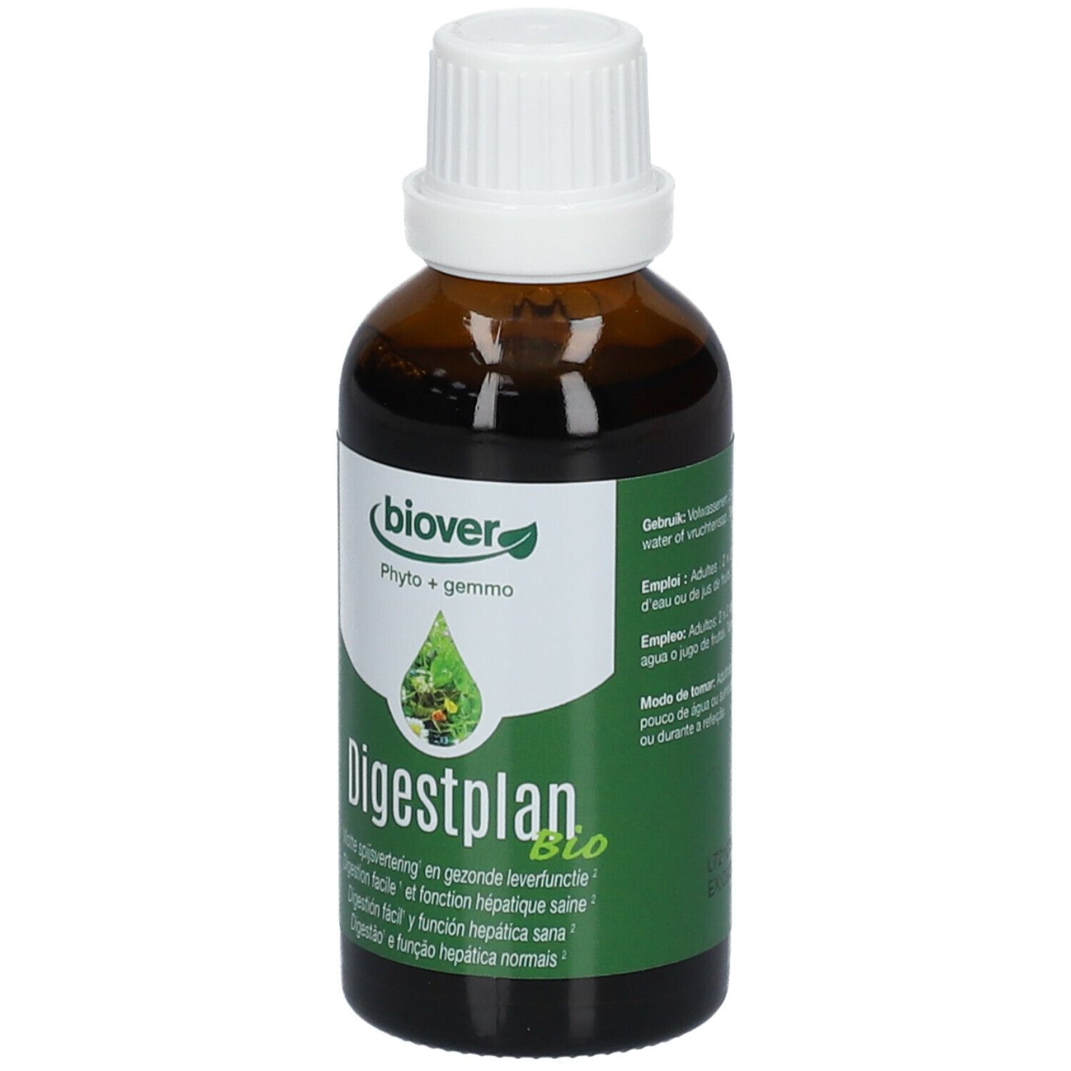 Flacon en verre brun avec bouchon blanc. Étiquette verte avec nom du produit et logo. Biover Digestplan.