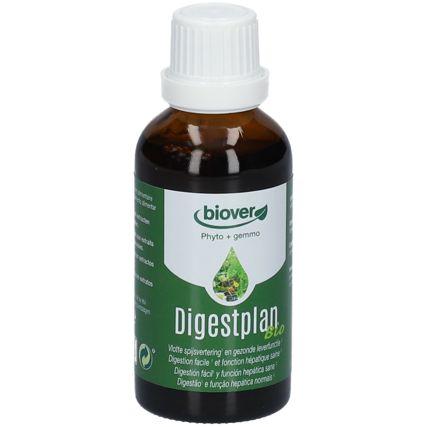 Flacon en verre brun avec bouchon blanc. Étiquette verte avec nom du produit et logo. Biover Digestplan.