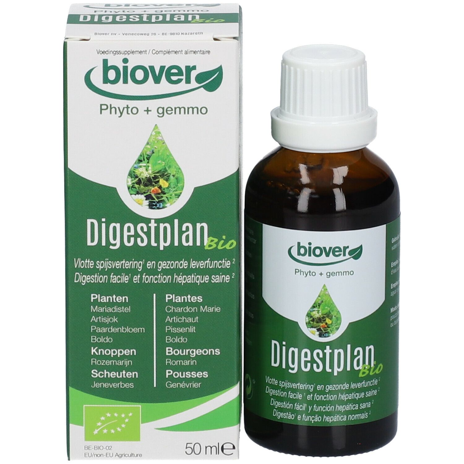 Emballage du produit et flacon. Boîte blanche avec étiquette verte. Flacon brun avec bouchon blanc. Biover Digestplan.