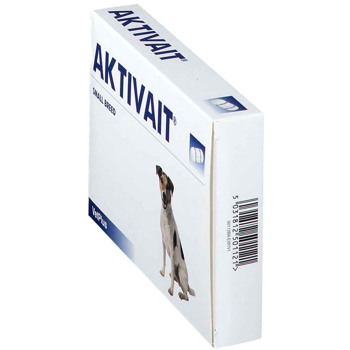Boîte blanche AKTIVAIT SMALL BREED. Un chien est représenté. Code-barres et logo.