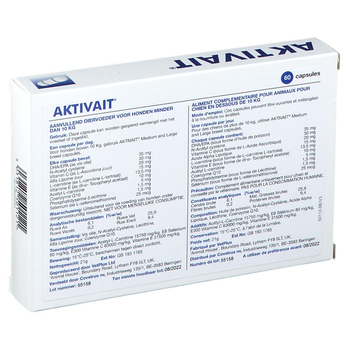 Boîte avec inscription AKTIVAIT et informations sur le contenu. Contient 60 gélules. Texte en néerlandais et français.