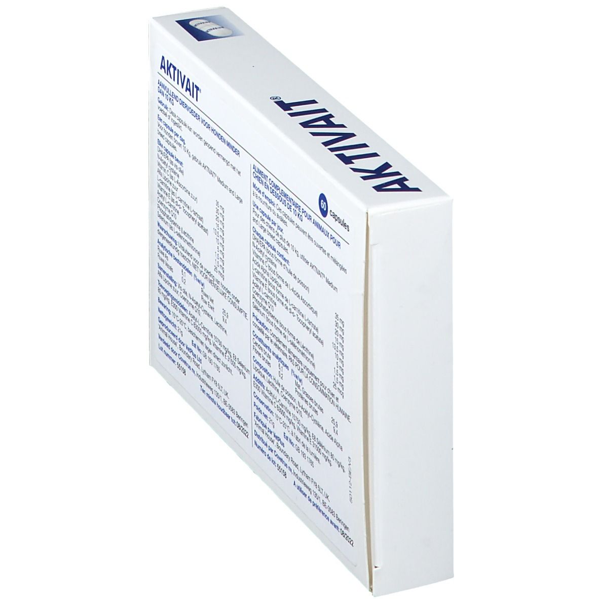 Boîte blanche avec inscription AKTIVAIT et informations sur le contenu. Texte en plusieurs langues.