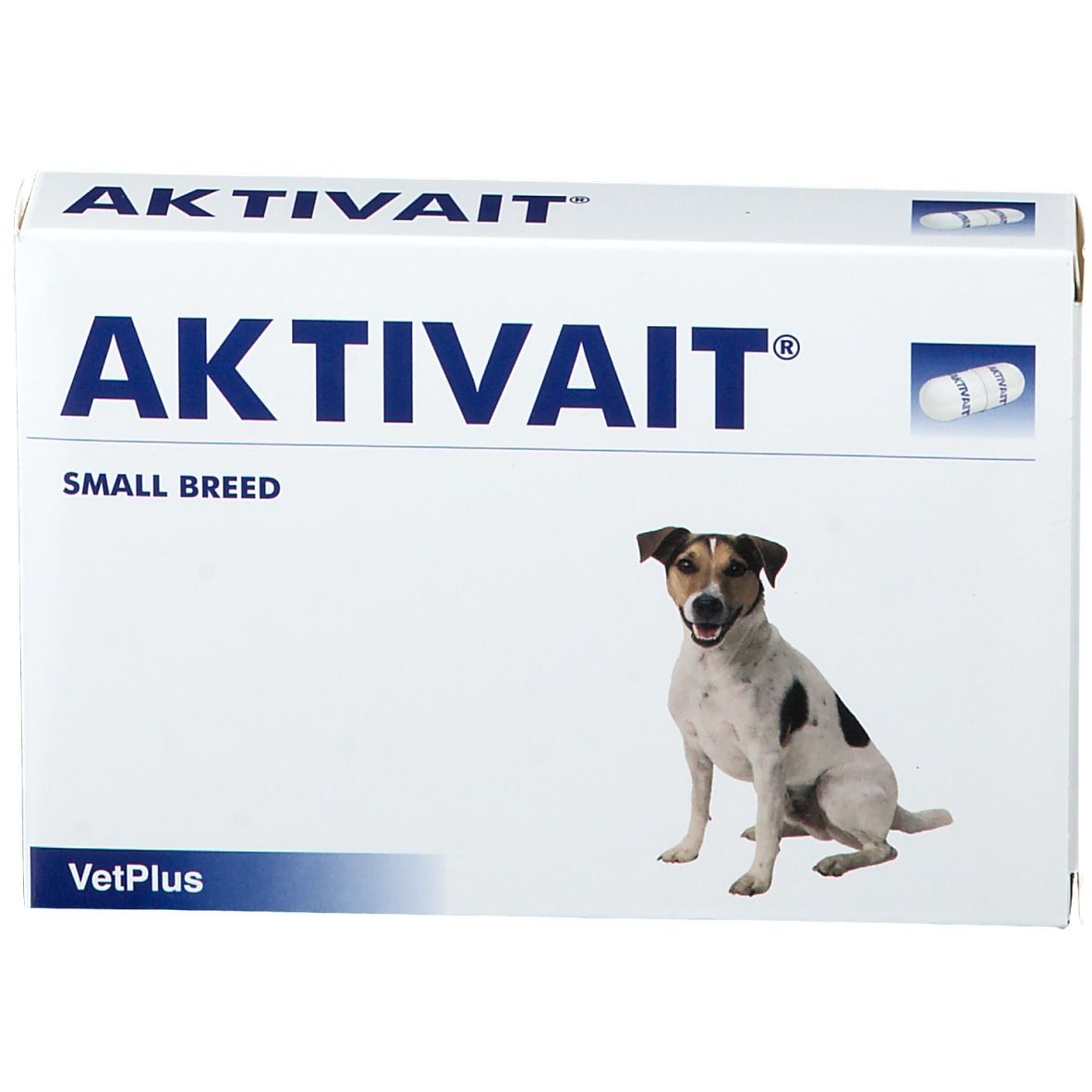 Boîte blanche avec inscription AKTIVAIT et SMALL BREED. Un chien est représenté.
