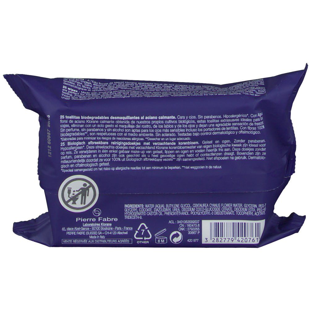 Dos du paquet de lingettes KLORANE. Ingrédients, informations fabricant, symbole de recyclage. Emballage bleu.