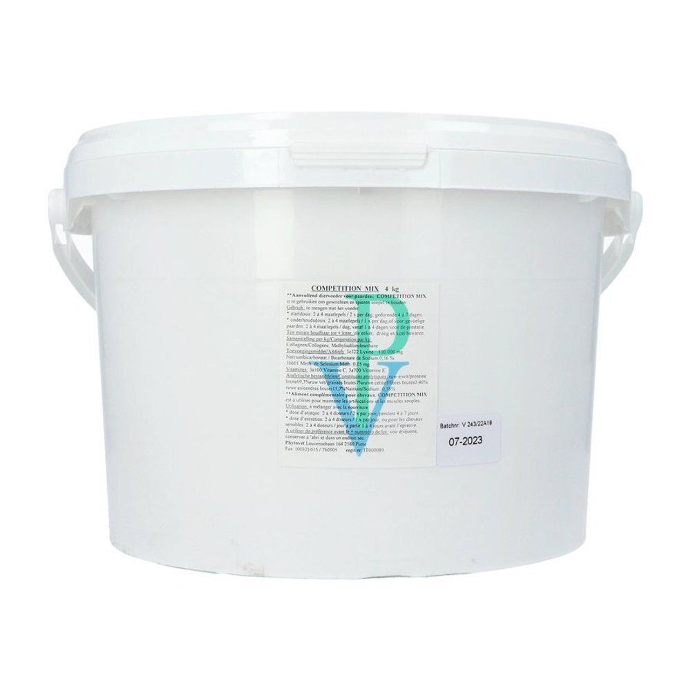 Seau blanc avec étiquette. Inscription : Competition Mix 4kg. Logo Phytovet. Poignée et couvercle.