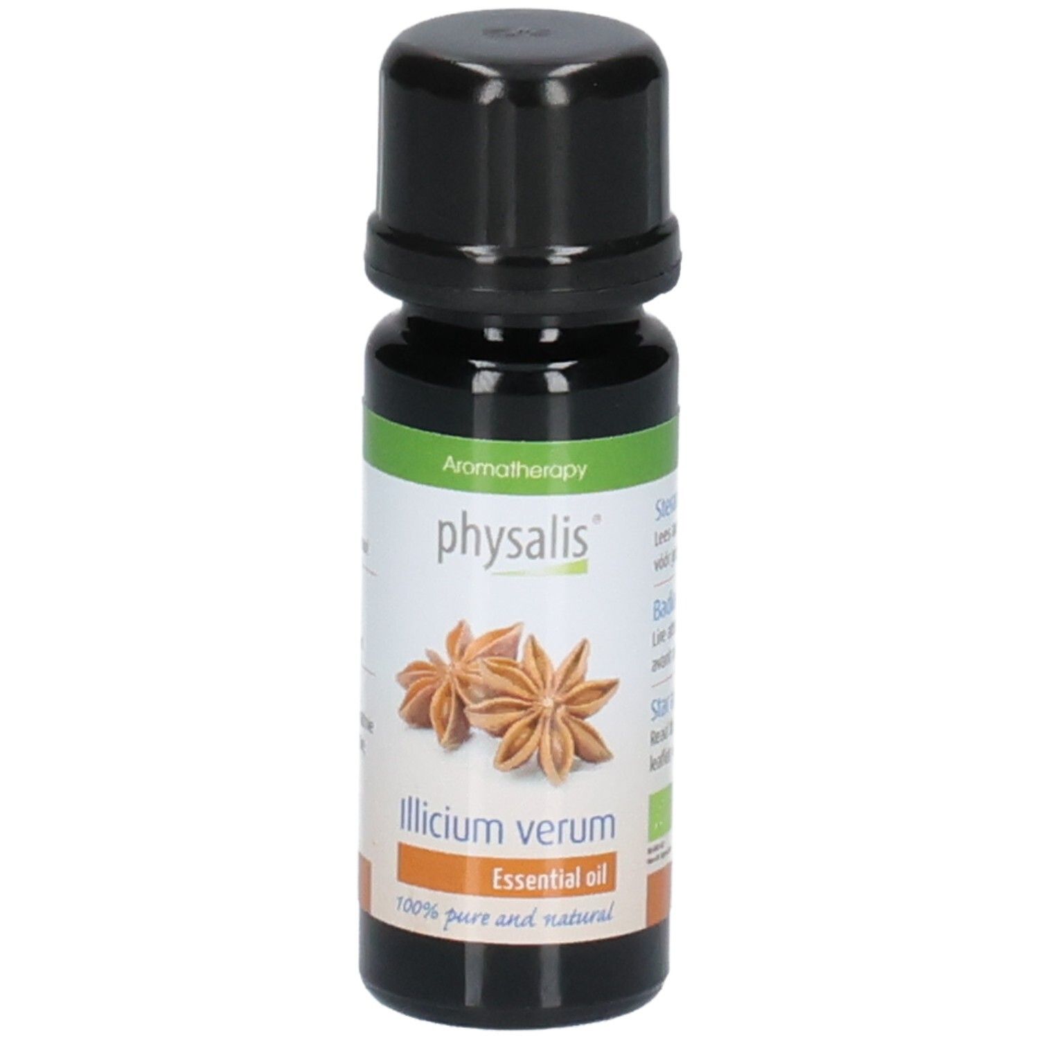 Flacon en verre brun avec bouchon noir. Étiquette avec illustration d'anis étoilé et texte : "Illicium verum Essential oil".