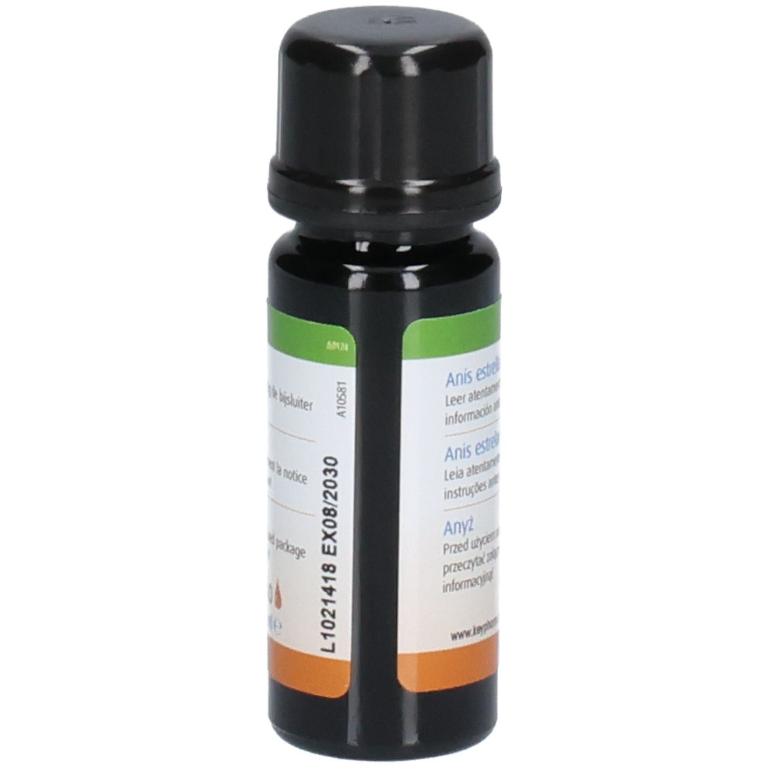Flacon en verre brun avec bouchon noir. Étiquette avec texte et numéro de lot. Inscription : "Anis estrellado".