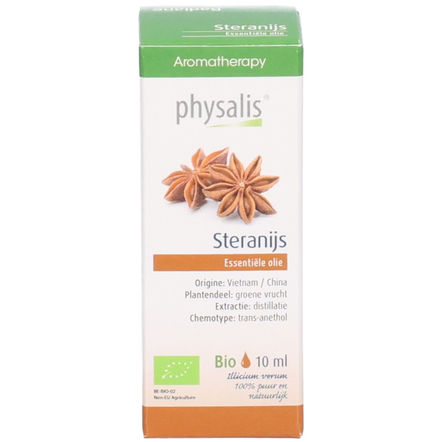 Emballage en carton avec illustration d'anis étoilé et texte : "Steranijs Essentiële olie". Label Bio. 10 ml.