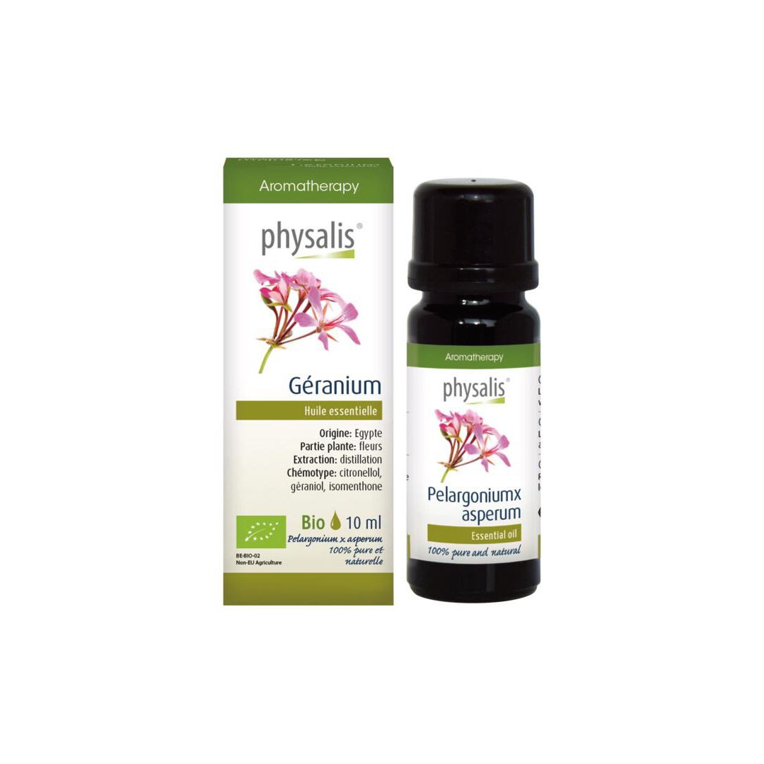 Physalis Huile essentielle de Géranium 10ml flacon et boîte, étiquetage français.