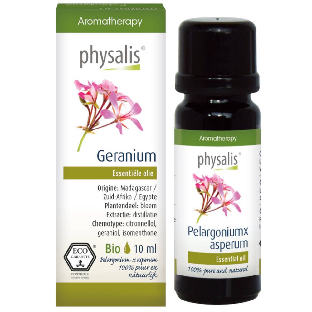 Physalis Huile essentielle de Géranium 10ml flacon et boîte avec motif floral.