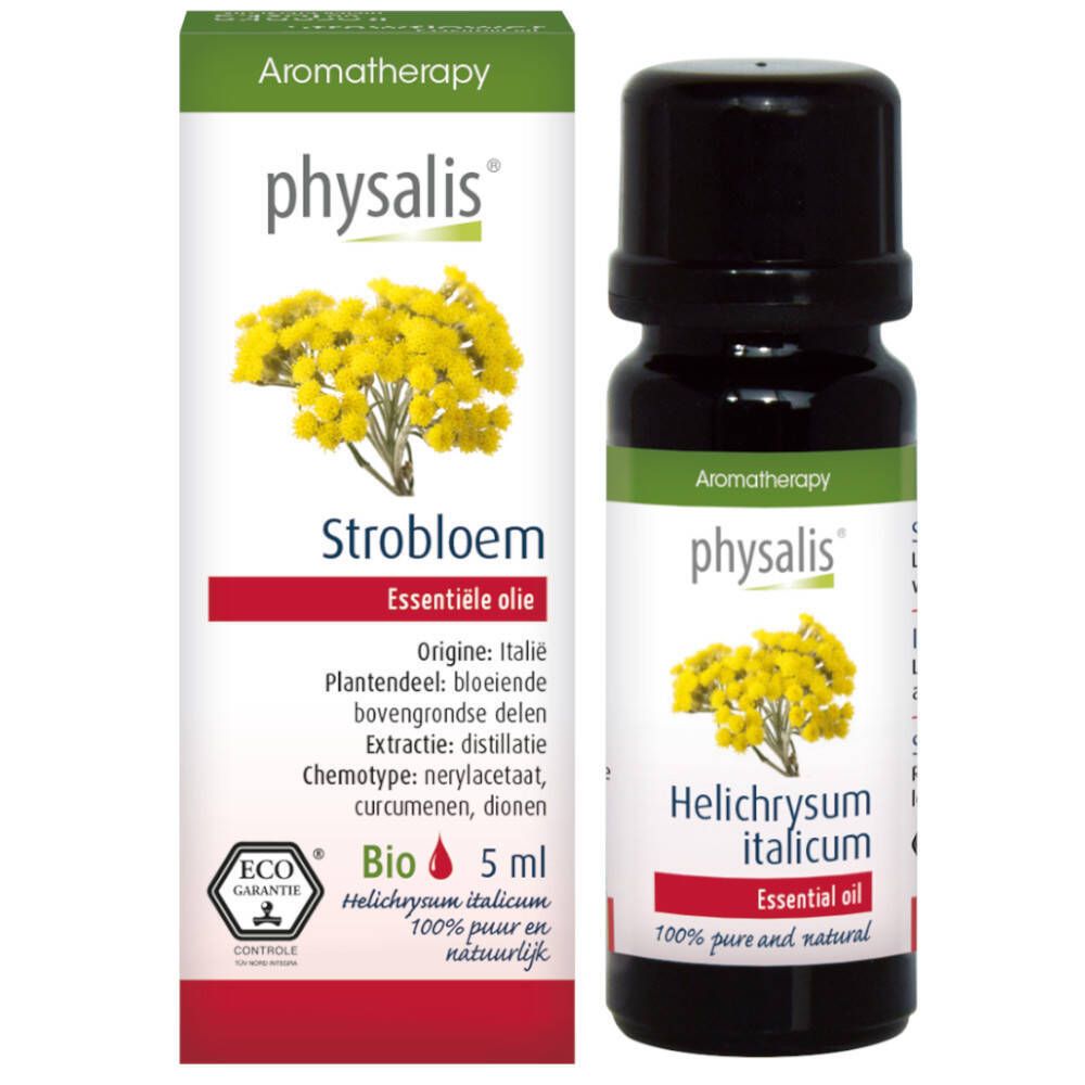 Huile essentielle Physalis Immortelle, flacon et boîte de 5ml avec fleurs jaunes.