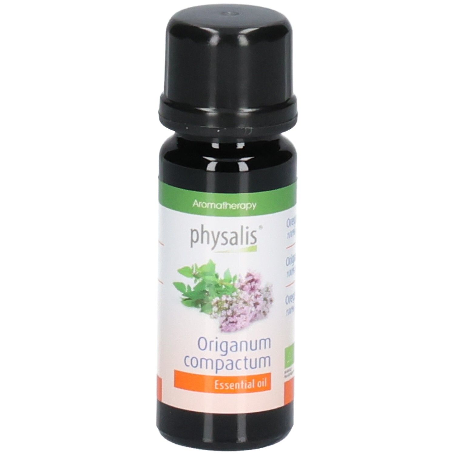 Flacon en verre brun avec bouchon noir. Étiquette avec nom du produit, illustration de plante et label bio. Texte: Essential oil.