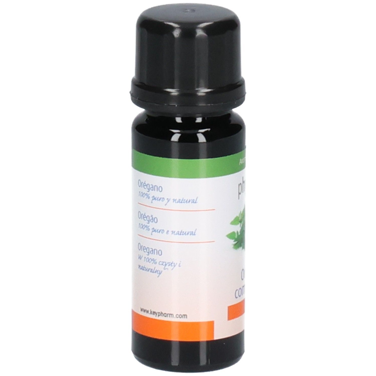 Flacon en verre brun avec bouchon noir. Étiquette avec nom du produit et texte multilingue. Label bio et adresse du site web.